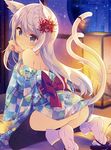  :3 absurdres animal_ears ass bare_shoulders bell black_legwear blue_eyes blurry breasts cat_ears cat_tail dengeki_moeou depth_of_field eyebrows eyebrows_visible_through_hair floral_print flower from_side glint hair_flower hair_ornament highres indoors japanese_clothes jingle_bell kimono kneeling long_hair looking_at_viewer medium_breasts multiple_tails nekomata no_panties obi off_shoulder paw_pose ribbon sash scan short_kimono short_yukata solo spider_lily tabi tail tail_bell tail_ribbon takei_ooki thighhighs white_hair yukata 