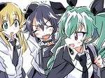  &gt;_&lt; :d anchovy bag beret black_hair black_skirt blonde_hair blush braid cape carpaccio closed_eyes dress_shirt drill_hair emblem eyebrows eyebrows_visible_through_hair girls_und_panzer green_eyes green_hair hair_between_eyes hair_ornament hair_ribbon hat hibimegane holding image_sample long_hair long_sleeves looking_at_another looking_back miniskirt multiple_girls necktie open_mouth pepperoni_(girls_und_panzer) pixiv_sample pleated_skirt red_eyes ribbon school_bag school_uniform shirt short_hair side_braid simple_background skirt smile twin_drills twintails white_background white_shirt xd 