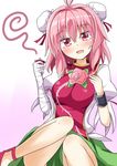  :d aki_chimaki antenna_hair arm_garter bandaged_arm bandages blush breasts bun_cover chinese_clothes choko_(cup) commentary_request cuffs cup double_bun drunk flower green_skirt holding holding_cup ibaraki_kasen large_breasts looking_at_viewer open_mouth pink_eyes pink_flower pink_hair pink_rose puffy_short_sleeves puffy_sleeves rose shackles short_hair short_sleeves skirt smile solo tabard touhou 