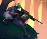  2016 4_toes 5_fingers anthro armor black_nose clothed clothing detailed_background grass green_hair gun hair holding_object holding_weapon kaitycuddle male mammal ranged_weapon sitting skunk solo toes tree weapon 