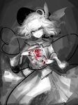 blood bow eyeball flower frills hat hat_bow hat_ribbon heart heart_of_string komeiji_koishi long_sleeves looking_at_viewer monochrome naozi open_clothes open_shirt ribbon rose shirt short_hair simple_background skirt smile solo spot_color third_eye touhou wide_sleeves 