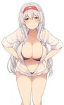  absurdres bikini black_bikini blush breasts brown_eyes cleavage collarbone hairband highres hood hoodie kantai_collection large_breasts light_smile long_hair navel open_clothes open_hoodie shoukaku_(kantai_collection) simple_background solo suisen_toire_(moko924) swimsuit white_background white_hair 
