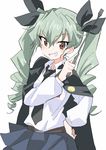  :d anchovy anzio_school_uniform belt black_skirt cape dress_shirt drill_hair emblem girls_und_panzer green_hair hair_ornament hair_ribbon hand_on_hip hibimegane highres image_sample long_hair long_sleeves looking_at_viewer miniskirt necktie open_mouth pleated_skirt red_eyes ribbon riding_crop school_uniform shirt simple_background skirt smile solo twin_drills twintails twitter_sample white_background white_shirt 