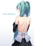 aqua_eyes aqua_hair bare_back bare_shoulders detached_sleeves facial_tattoo from_behind gradient gradient_background happy_birthday hatsune_miku highres long_hair skirt solo sugi_214 tattoo twintails very_long_hair vocaloid 