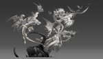  cutoff dragon feral flying greyscale group hair membranous_wings monochrome open_mouth riding sandara scales simple_background teeth video_games warcraft white_scales wings 
