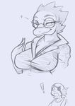  2016 alphys anthro breasts cleavage clothed clothing duo eye_patch eyewear female fish glasses lab_coat looking_at_viewer marine monochrome reptile scalie simple_background sketch skycrown smile undertale undyne video_games 