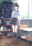  black_hair black_legwear blue_reflection chair checkered checkered_skirt classroom desk hoshinomiya_girls'_high_school_uniform kishida_mel loafers miniskirt official_art pleated_skirt ribbon school_desk school_uniform serafuku shirai_hinako shoes short_hair skirt solo 