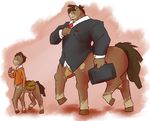  black_clothing blush bottomless brown_eyebrows brown_fur brown_hair clothed clothing colored cute digital_drawing_(artwork) digital_media_(artwork) dot_eyes eating equine food fur hair hooves horse mammal muffin orange_clothing pink_background shaded simple_background size_difference standing taur white_background 