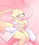  2016 alphys anthro blush breasts cleavage clothed clothing eyewear female glasses lab_coat napdust navel nipples nude oral reptile scalie sitting solo tentacles undertale video_games 