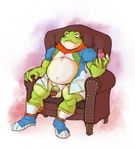  amphibian anthro armchair balls boots bottomless breath_of_fire chair circumcised clothed clothing flaccid footwear frog glass humanoid_penis jean_(breath_of_fire) navel open_shirt overweight penis pinup pose reclining scarf sitting smile vein veiny_penis video_games wkd 