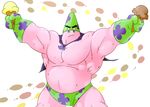  2014 black_eyebrows cape clothed clothing colored dessert digital_drawing_(artwork) digital_media_(artwork) food frown gloves green_clothing happyending huge_muscles ice_cream light looking_at_viewer male manly musclegut muscular muscular_male nickelodeon no_iris noseless patrick_star pecs pink_body portrait serratus shaded shiny_body shorts simple_background spongebob_squarepants standing three-quarter_portrait toony topless white_background 