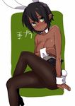  amanekuu animal_ears arm_support black_hair black_legwear blush breasts bunny_ears bunny_tail bunnysuit covering covering_breasts crossed_legs dark_skin detached_collar green_eyes highres large_breasts original pantyhose pointy_ears short_hair sitting solo tail top_pull translated wrist_cuffs 