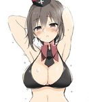  araki_kanao armpits arms_up bikini_top black_bikini_top blush breasts brown_eyes brown_hair cleavage detached_collar garrison_cap girls_und_panzer hat large_breasts looking_at_viewer necktie nishizumi_maho parted_lips short_hair short_necktie solo sweat upper_body 