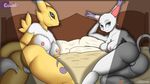 2016 anthro areola bed big_breasts blue_eyes breasts butt canine cat crazedwd digimon feline female fox gatomon half-closed_eyes looking_at_viewer mammal pussy pussy_juice renamon 