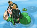  ass asui_tsuyu bent_over black_eyes black_hair blush bodysuit boku_no_hero_academia breasts finger_to_mouth frog frog_girl gloves goggles goggles_on_head kibazoku long_hair looking_at_viewer partially_submerged pond solo sparkle tongue tongue_out water wet 