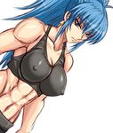  abs blue_eyes blue_hair breasts covered_nipples dutch_angle earrings impossible_clothes jewelry large_breasts leona_heidern long_hair looking_at_viewer midriff muscle muscular_female navel ponytail solo tank_top taroimo_(00120014) the_king_of_fighters tsurime upper_body 