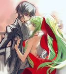  ass back backless_dress backless_outfit black_hair breasts c.c. code_geass couple creayus dancing dress earrings green_hair jewelry lelouch_lamperouge long_hair medium_breasts no_bra ponytail purple_eyes red_dress sleeveless sleeveless_dress smile yellow_eyes 