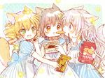  :d :o animal_ears apron bangs blonde_hair blue_eyes bow box brown_eyes brown_hair child collar dress drill_hair fangs food fran_(goshujin-sama_to_kemonomimi_no_shoujo_meru) goshujin-sama_to_kemonomimi_no_shoujo_meru green_eyes hair_bow half_updo holding holding_box holding_food itou_hachi jewelry long_hair looking_at_another mary_(goshujin-sama_to_kemonomimi_no_shoujo_meru) mel_(goshujin-sama_to_kemonomimi_no_shoujo_meru) mouth_hold multiple_girls muted_color necklace open_mouth puffy_short_sleeves puffy_sleeves sash short_hair short_sleeves silver_hair smile star striped striped_bow sweets tail twin_drills wafer 