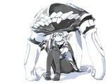  cane cape collar commentary_request gloves green_eyes greyscale kantai_collection leg_hug messy_hair monochrome shinkaisei-kan short_hair short_hair_with_long_locks sitting solo tentacles torichamaru white_skin wo-class_aircraft_carrier 