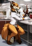  2016 anthro bottomless brown_fur cake candy canine chef chef_uniform chocolate clothed clothing food fox fur gloves green_eyes inside kero_tzuki kitchen male mammal mrfoxees orange_fur sculpture sitting solo stool uniform white_fur 