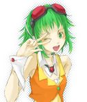  goggles green_eyes green_hair gumi looking_at_viewer nezuki one_eye_closed open_mouth red_goggles short_hair smile solo vocaloid white_background 