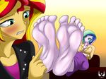  biting_lip blush bronypanda chair clothing desk duo equestria_girls feet female female/female foot_fetish foot_focus friendship_is_magic human humanoid jacket mammal my_little_pony princess_celestia_(mlp) sitting sunset_shimmer_(eg) tickling 