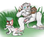  all_fours anthro blind_eye blush chin_tuft claws duo ear_piercing feline fur grin hat hotoshuken humanoid_penis kled_(lol) league_of_legends lion male mammal nipples nude penis penis_grab piercing rengar_(lol) scar sitting teeth video_games white_fur yordle 