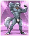 2016 abs anthro bow_tie bulge canine chippendale clothing fur glitter grey_fur grey_hair hair male mammal muscular nipples pecs pose solo thong wolf zorro_re 