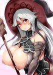 bare_shoulders between_breasts breasts elbow_gloves gloves granblue_fantasy hat highres huge_breasts lactation large_breasts light_smile looking_at_viewer magisa_(granblue_fantasy) mizuyan nipples puffy_nipples red_eyes silver_hair simple_background solo staff witch_hat 
