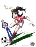  1girl alternate_hairstyle armband ball black_hair brown_eyes candybag coppelion copyright_name cosplay crossover dutch_angle full_body grass hand_on_hip highres kneehighs kurosawa_haruto mai_ball! naruse_ibara nike open_mouth outstretched_arms pale_skin parody ponytail radiation_symbol shirt short_sleeves shorts simple_background smile soccer soccer_ball soccer_uniform sportswear standing standing_on_one_leg striped striped_shirt track_suit vertical-striped_shirt vertical_stripes watermark whistle white_background 