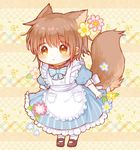  animal_ears apron blush bow bowtie brown_eyes brown_hair chibi child collar dress flower frilled_apron frills full_body goshujin-sama_to_kemonomimi_no_shoujo_meru itou_hachi mary_janes mel_(goshujin-sama_to_kemonomimi_no_shoujo_meru) muted_color pantyhose puffy_short_sleeves puffy_sleeves shoes short_hair short_sleeves solo striped striped_bow striped_neckwear tail 