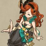  anklet bangs bare_arms bare_shoulders barefoot black_bow black_hairband bow breasts brown_background cape cleavage closed_mouth dress from_above full_body granblue_fantasy green_eyes hairband highres jewelry long_hair orange_hair sara_(granblue_fantasy) sitting small_breasts smile solo swept_bangs tyoro_(tyoromatsu59) yokozuwari 