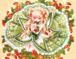  bangs blonde_hair bow braid commentary_request covering_mouth crossed_arms crown_braid dress flower food food_themed_hair_ornament frills fruit green_bow hair_bow hair_ornament hair_ribbon himemurasaki lace lolita_fashion looking_at_viewer original red_bow red_eyes red_ribbon ribbon seiza sitting solo strapless strapless_dress strawberry strawberry_hair_ornament two_side_up wrist_bow 