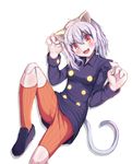  androgynous animal_ears blue_footwear blue_shirt cat_ears cat_girl cat_tail collar hunter_x_hunter long_sleeves multicolored multicolored_eyes neferpitou orange_legwear orange_shorts rigorigo shirt shoes short_hair shorts solo tail white_hair 