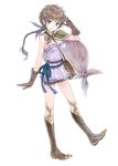  atelier_(series) atelier_meruru bag blue_eyes boots braid breasts brown_hair capelet cleavage feathers full_body gloves juana_olsys kishida_mel long_hair medium_breasts official_art open_mouth simple_background solo teeth white_background 