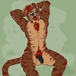  2015 anthro balls black_penis blue_eyes casey_(artist) chest_tuft eyewear facial_hair feline flaccid glasses goatee hair hands_behind_head male mammal muscular nude penis pinup portrait pose pubes red_hair sitting solo takatiger three-quarter_portrait tiger tuft 