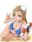  arm_support bikini blue_bikini brown_eyes brown_hair hat idolmaster idolmaster_cinderella_girls keraton lifebuoy long_hair lying matsunaga_ryou on_side sailor_hat solo striped striped_bikini swimsuit v 