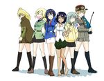  arm_behind_back armband asparagus_(girls_und_panzer) aung_(girls_und_panzer) bc_freedom_(emblem) bc_freedom_military_uniform belt black_footwear black_hair black_skirt blonde_hair blue_eyes blue_jacket bonple_military_uniform boots braid brown_footwear brown_jacket capelet closed_eyes clothes_around_waist commentary_request dark_skin eclair_(girls_und_panzer) emblem facepaint facial_mark flip-flops fourragere girls_und_panzer girls_und_panzer_gekitou!_maginot-sen_desu!! girls_und_panzer_little_army girls_und_panzer_ribbon_no_musha glasses green_hair green_jacket grey_jacket grey_skirt hair_bun hand_in_hair hands_in_pockets hands_on_hips hood hoodie jacket jacket_around_waist jajka_(girls_und_panzer) kepi knee_boots kneehighs laughing loafers long_hair long_sleeves maginot_military_uniform matsumoto_(matsumoto_kougyou) military military_uniform miniskirt multiple_girls necktie pelisse pleated_skirt ponytail puffy_shorts riding_crop sandals sheska_(girls_und_panzer) shirt shoes short_hair shorts simple_background single_braid skirt sweatdrop tategoto_military_uniform uniform waving white_background white_shirt white_skirt yoshinaga_jinko 