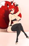  5_fingers 5_toes amber_eyes anthro armpits bare_shoulders breasts canine eyelashes female fluffy fluffy_tail fox hair human humanized mammal midriff multi_tail navel red_hair simple_background skecchiart smile solo toes white_skin wide_hips 