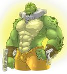 2014 4_claws abs anthro batman_(series) biceps big_biceps chain claws clothed clothing colored crocodile crocodilian dc_comics digital_drawing_(artwork) digital_media_(artwork) front_view green_claws green_markings green_scales happyending huge_muscles killer_croc light looking_at_viewer male manly markings muscular muscular_male nipples no_iris no_underwear orange_clothing orange_pants pants pecs portrait pose reptile scales scalie serratus shaded shiny_body simple_background snout solo standing three-quarter_portrait topless yellow_background yellow_nipples yellow_scales yellow_sclera 