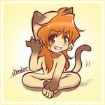  1girl artist_name border cat_costume cherokee_(miharu0310) fang female full_body grin lina_inverse looking_at_viewer on_floor orange_hair red_eyes simple_background sitting slayers smile solo tail 