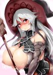  bare_shoulders between_breasts blush breasts breath elbow_gloves gloves granblue_fantasy hat heavy_breathing highres huge_breasts lactation large_breasts light_smile looking_at_viewer magisa_(granblue_fantasy) mizuyan nipples puffy_nipples red_eyes silver_hair simple_background solo staff witch_hat 