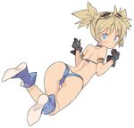  ass bikini blade_(galaxist) blonde_hair blue_eyes blush boots choker from_behind full_body gloves goggles goggles_on_head granblue_fantasy looking_back pengy_(granblue_fantasy) short_hair short_twintails solo swimsuit twintails 