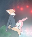  2016 ambiguous_gender anthro blush canine clothing digital_media_(artwork) dragon eyes_closed fellatio feral fog foliage fur fuzzled horn lights male mammal mist multicolored_fur oral pixel_(artwork) plant pond sex shirt short_tail sitting smile tan_fur two_tone_fur vines water 