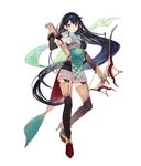  armor arrow atelier_(series) atelier_firis black_hair boots bow_(weapon) feathers full_body gloves liane_mistlud long_hair noco_(adamas) official_art quiver red_eyes scarf simple_background solo very_long_hair weapon white_background 