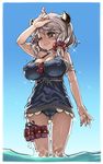  ;&gt; bangs bare_arms blue_sky blue_swimsuit blush breasts cameltoe camieux cleavage covered_nipples day draph dynamite granblue_fantasy hair_between_eyes hand_on_own_head highres horns kosuke_orz large_breasts long_hair low_twintails one-piece_swimsuit outdoors scrunchie silver_hair sky smile solo sparkle swimsuit thigh_strap twintails wading water yellow_eyes 