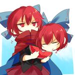  :t black_shirt blue_bow bow cape chibi closed_mouth commentary_request covered_mouth disembodied_head eating food fruit hair_bow high_collar kutsuki_kai looking_at_viewer red_cape red_eyes red_hair red_skirt sekibanki shirt short_hair skirt solo sweat touhou v-shaped_eyebrows watermelon 