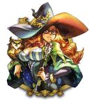  1girl animal belt breasts brown_hair cleavage dress female glasses grand_knights_history hat jewelry large_breasts long_hair muse_cromwell official_art owl red_eyes ring smile solo wand witch_hat wristbands 