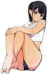  bare_arms bare_legs bare_shoulders barefoot black_hair blue_shorts blush closed_mouth crossed_ankles foreshortening full_body hands_on_own_knees head_tilt highres legs looking_at_viewer matsunaga_kouyou off_shoulder original ponytail shiny shiny_skin shirt short_hair shorts silver_eyes simple_background sitting sleeveless smile solo tan tank_top tanline toe_scrunch toes white_background white_shirt 