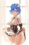  bare_shoulders blue_eyes blue_hair blush breasts cleavage curtains day detached_sleeves dress dress_lift frills garter_belt hair_ornament hair_over_one_eye highres indoors looking_at_viewer maid maid_headdress medium_breasts mr_cloud panties re:zero_kara_hajimeru_isekai_seikatsu rem_(re:zero) short_hair solo thighhighs underwear white_legwear white_panties window x_hair_ornament 